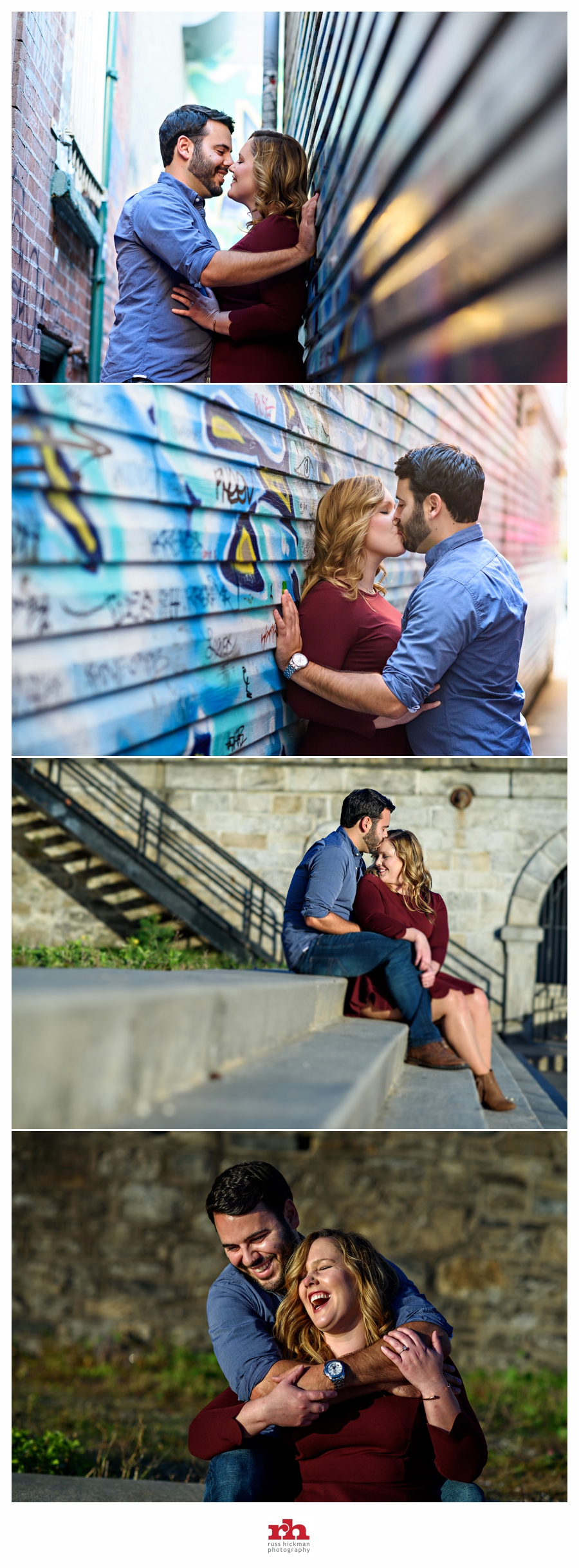 A couple in love kiss in a graffitied alley in Philadelphia engagement session.